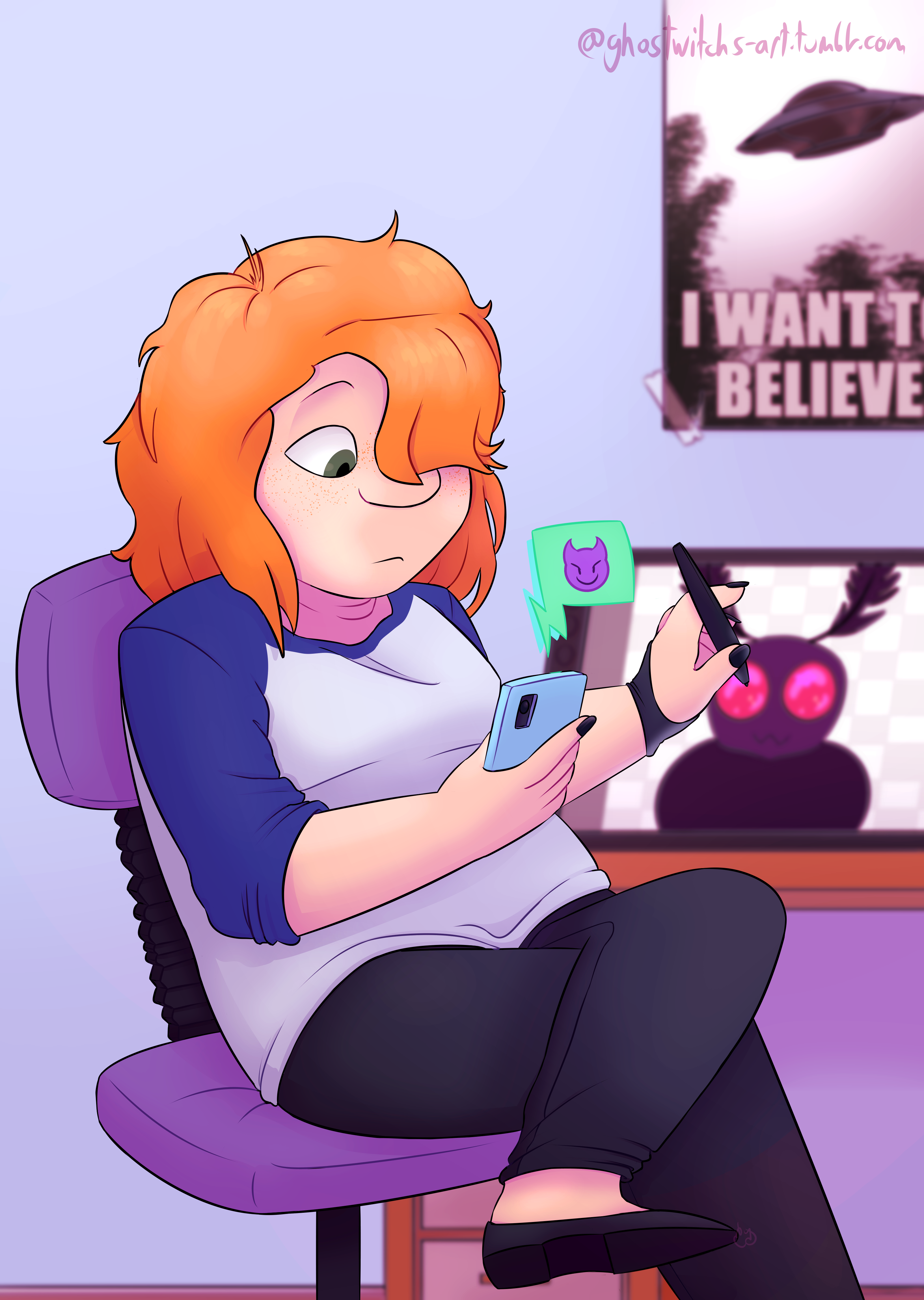 Carmen sitting at her desk, drawing on a tablet. She's currently turned away from the tablet and looking at a text on her phone.